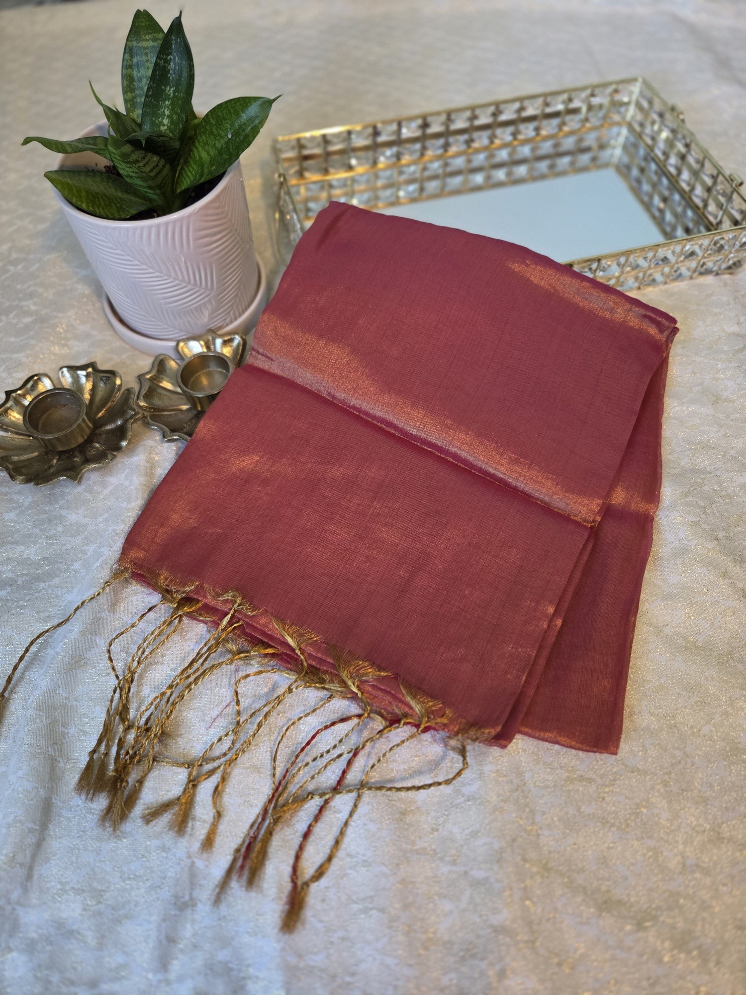 Goldish Orange - Kadhi Tissue cotton  with contrast border