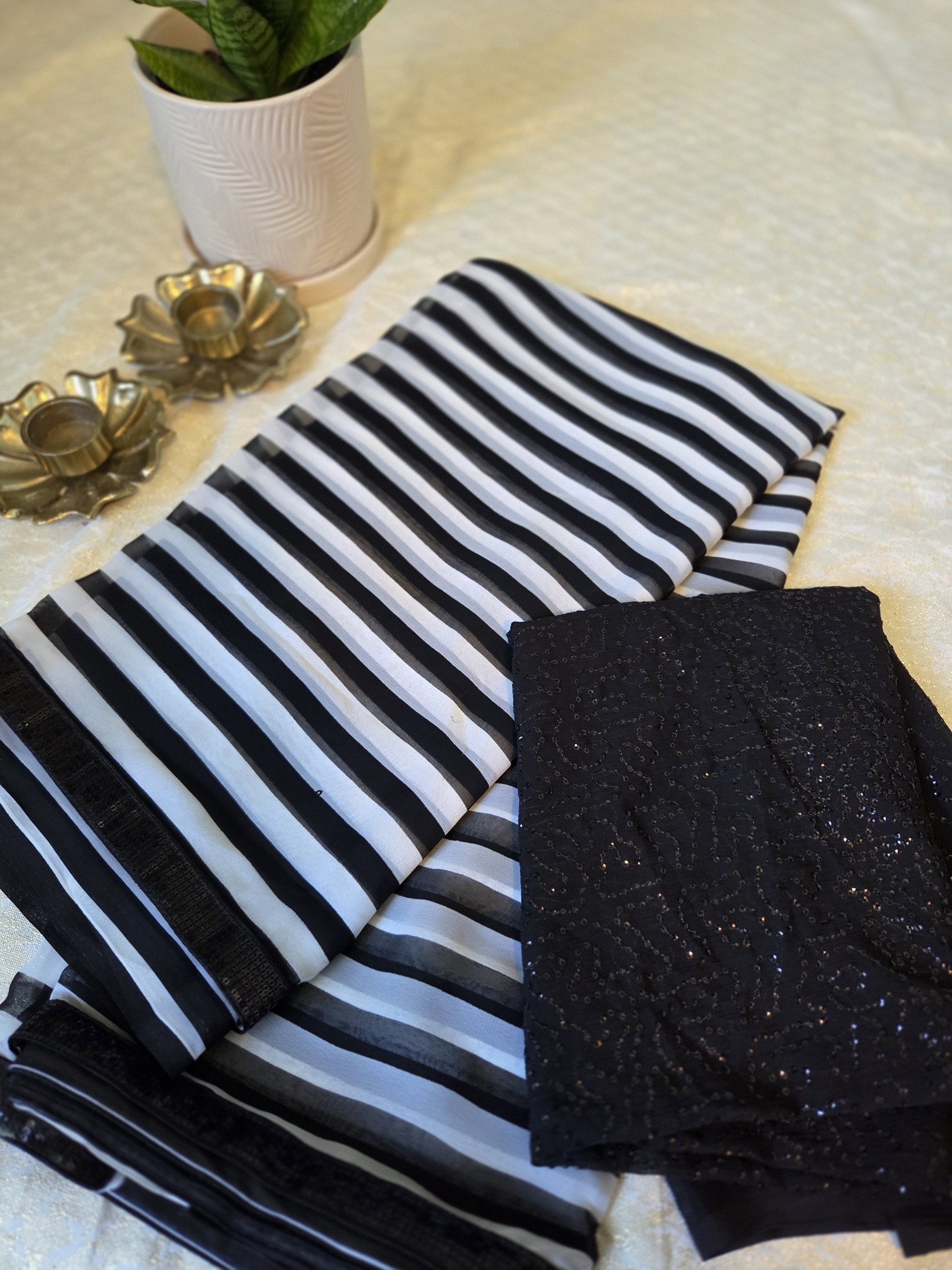 Georgette Saree - Black stripe with sequin border