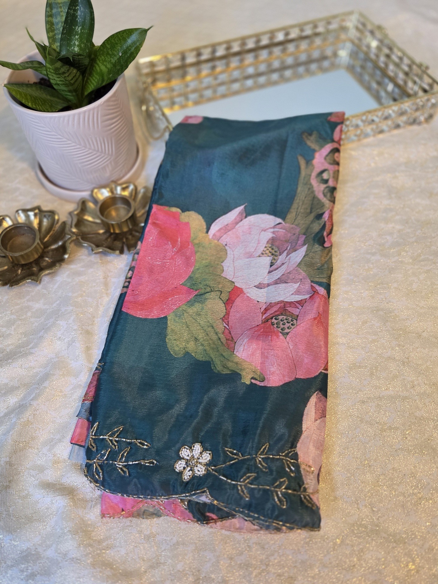 Soft Chinnon with Digital print and hand work