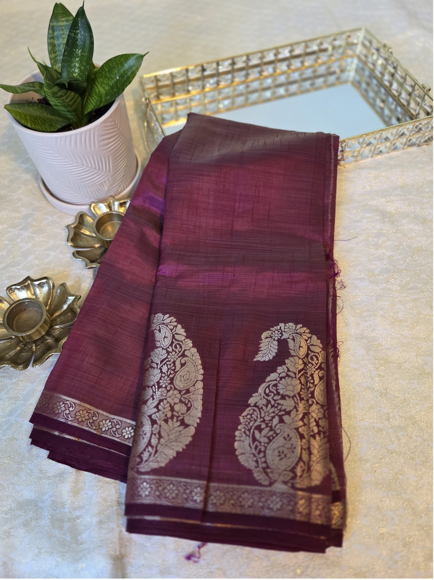 Brown - Semi Tussar with mango border